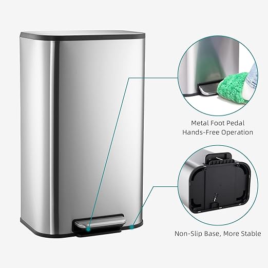 GlowSol Small Trash Can with Lid, 5.3 Gallon Stainless Steel Garbage Can, Rectangular Step on Waste Bin with Foot Pedal & Inner Bucket, Quiet Close, for Kitchen Bathroom Bedroom Living Room Office