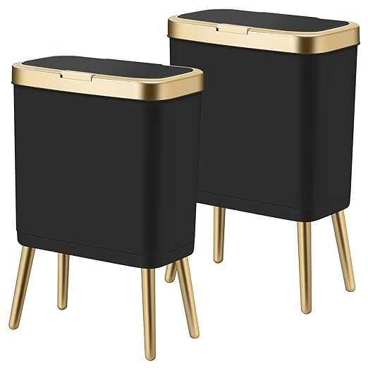 Procade 2Pack Office Trash Can with Lid, 4 Gallon Gold Trash Can Bathroom,Black Garbage Can with Push Button, Narrow Garbage Bin Waste Basket for Bedroom, Kitchen,Toilet(Black x2)