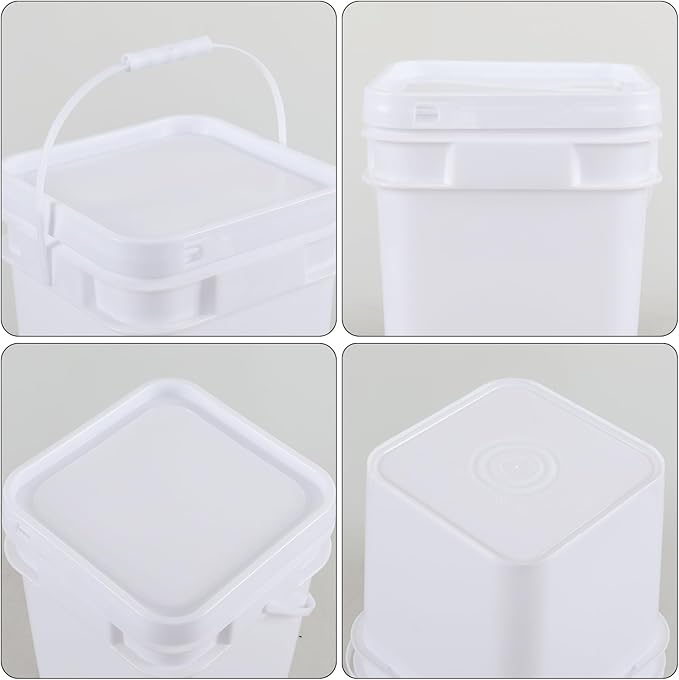 4-Pack Food Grade Bucket with Airtight Lids, Square Bucket with Plastic Handles, 3 Gallon, White