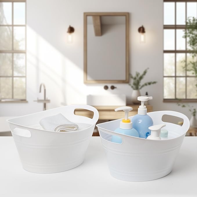 Tiawudi 8 Pack Ice Buckets with Handles, Ice Drink Tub for Party & Bar, Wine Beer Champagne Beverage Bottle Cooler, Plastic Storage Tub, Oval Storage Basket for Home, 4.5 Liter Each, White