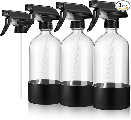 3 Pcs 16oz Empty Glass Spray Bottle with Black Silicone Sleeve Protection - Refillable Boston Round Containers with Adjustable Nozzle for Cleaning Solutions, Essential Oils, Misting Plants, Gardening