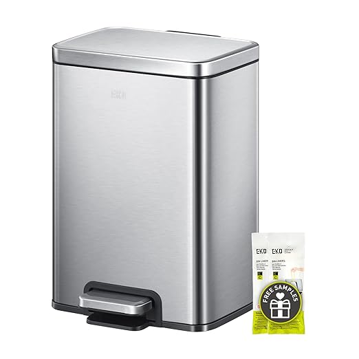 EKO Madison 12L / 3.2 Gal Bathroom Trash Can with Lid and Removable Inner Basket, Rectangular Small Step Trash Can, Brushed Stainless Steel