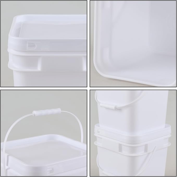 Vababa 3 Gallon White Square Buckets with Lid for Food Storage, 4 Pcs Plastic Food Grade Buckets with Lid and Handle