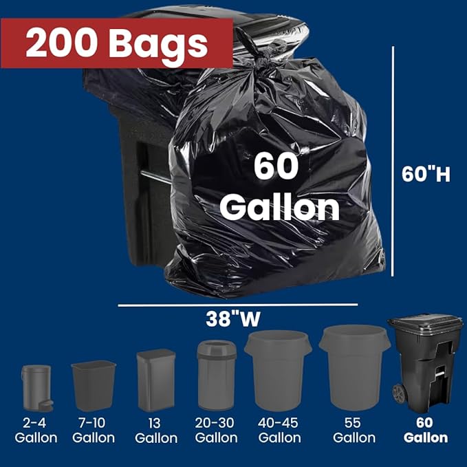 60 Gal Trash Bags | 200 Count | 38" X 60" Black Extra-Large Garbage Bags for Outdoor Use
