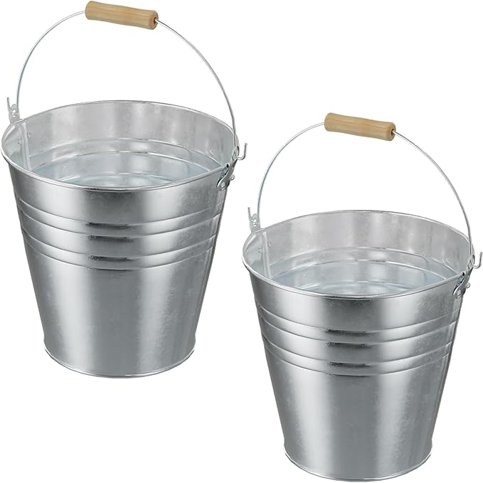 4 Gallon Galvanized Ice Bucket - Large Rustproof Metal Bucket Drink Tub with Wood Handles - 13" Beverage Bucket for Party BBQ Wedding Home Décor & Storage - 13"L x 13"W x 12"H - 2 Pack