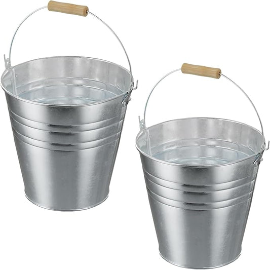 4 Gallon Galvanized Ice Bucket - Large Rustproof Metal Bucket Drink Tub with Wood Handles - 13" Beverage Bucket for Party BBQ Wedding Home Décor & Storage - 13"L x 13"W x 12"H - 2 Pack