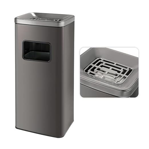 BEAMNOVA Trash Can Indoor Outdoor Stainless Steel Commercial Garbage Can Brushed Industrial Garbage Enclosure Inside Cabinet with Lid Waste Container, Metallic Black, 11.8 * 9.8 * 26.8 in