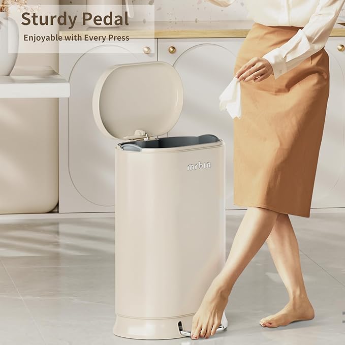 MRBIN Metal Kitchen Trash Can with Lid, 30L / 7.9gal Commercial Step Waste Basket for Bathroom, Medium Office Garbage Pail with Stainless Steel Foot Pedal for Near Desk, Bedroom, Rv, White
