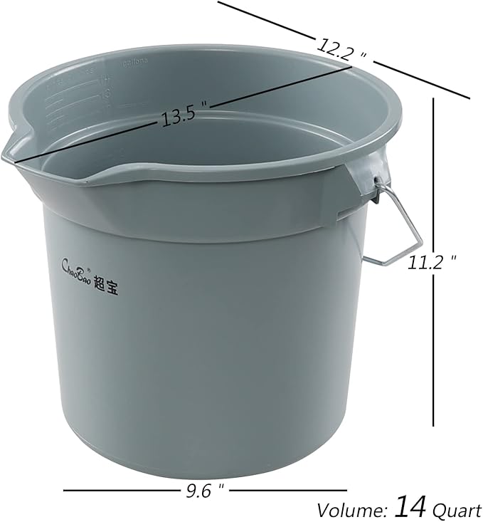 14 Quart Round Water Bucket with Grip Handle, 4 Pack Plastic Commercial Cleaning Pail, Grey