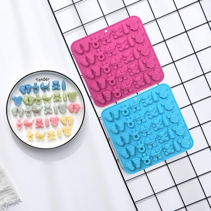 2 Pack Baby Shower Chocolate Molds - Baby Feet, Baby Onesie Baby Bottle Pacifier Baby Carriage Bear Mold, Baby Silicone Mold for Candy Gummy Cake Cupcake Decoration Chocolate