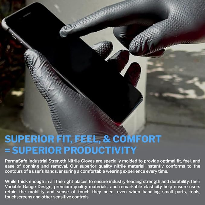 PermaSafe HD Black Disposable Nitrile Industrial Gloves, 6+ Mil, Latex-Free, Raised Textured, Mechanics, Medical, Food, More - Large Box of 1000