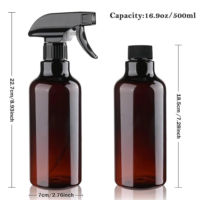Plastic Spray Bottles Empty Spray Bottle 16.9oz/500ml 2 Pack Heavy Duty Spraying Bottles Mist/Stream Water Bottle for Cleaning Solutions, Essential Oils, Hair (Amber)