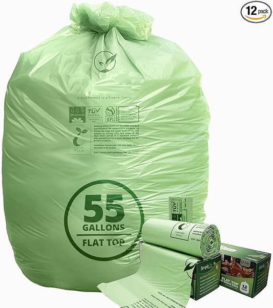 50-55 Gallon Compostable Trash Bags with Flat-Top, Heavy Duty Extra Thick 1.57 Mil, 208.2 Liter, 12 Bags, Large Lawn and Yard Waste Bag, ASTM D6400, US BPI and OK Compost Home Certified