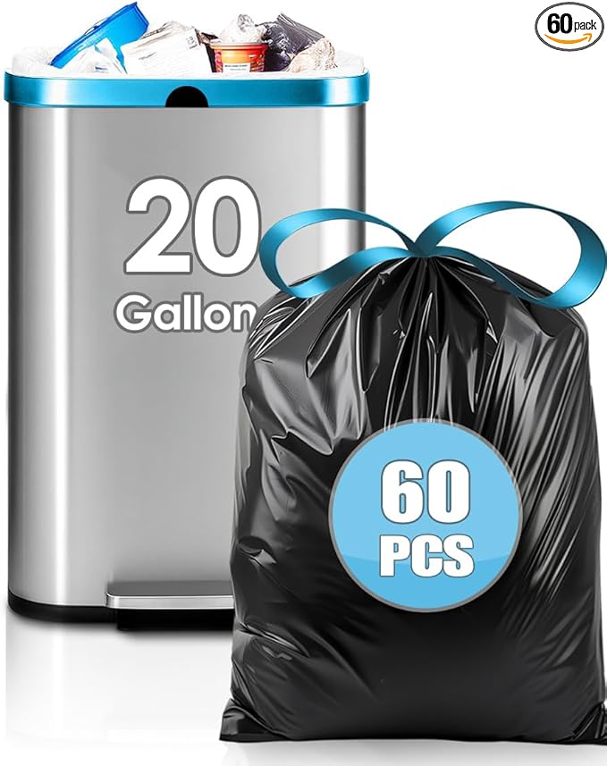 Teivio 20 Gallon 60 Counts (fit 18-20 Gal) Large Drawstring Trash Bags Strong Tall Kitchen Compactor Bags Garbage Bags for Home/Office/Light Residential Waste/Outdoor Trash Can, Lawn，Black Trash Bags