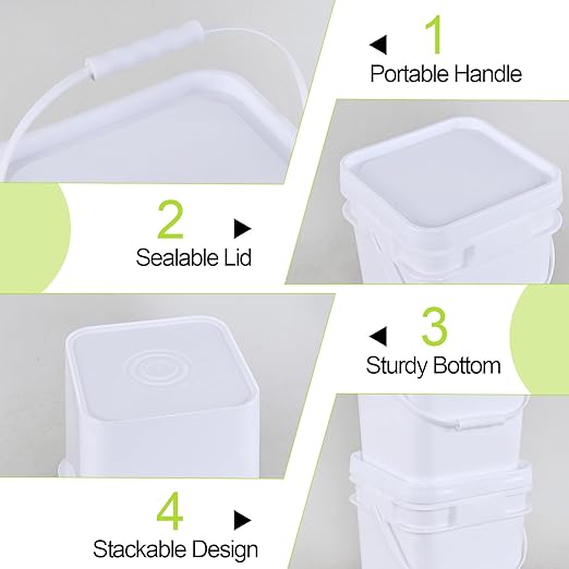 2.9 Gallon Square Buckets with Lids, Food Safe Plastic Bucket, 4 Pack, White
