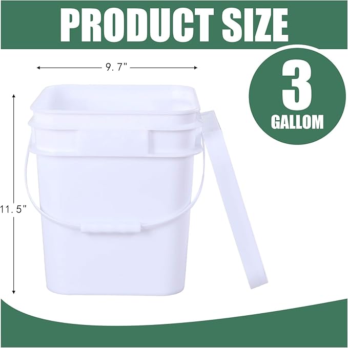 Versatile Square White Pails and Lids, Food Grade Storage Bucket, Plastic All Purpose Bucket Pail with Handle (3 Gallon, 4 Pack)