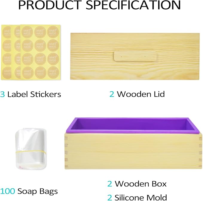 Artcome 42oz Soap Loaf Molds Rectangular Silicone Moulds Wooden Box with Lid, Soap Molds Set with 100pc Bags and 36 Sticker, 2 Sets