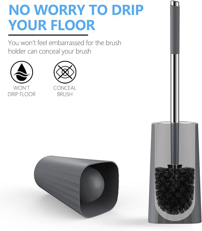 SetSail Toilet Brush, Compact Size Toilet Bowl Brush and Holder Toilet Brushes for Bathroom with Stainless Steel Handle Toilet Cleaner Brush with Durable Scrubbing Bristles, 3 Packs，Gery