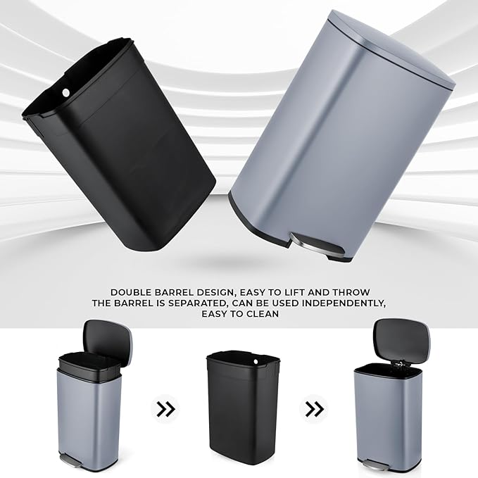 8 Gal Kitchen Trash Can, 30L Recycling or Garbage Bin, Brushed Stainless Steel Waste Basket, Soft&Quiet Close Dustbin, with Step-On Pedal, Removable Inner Bucket, for Home, Office, Living Room
