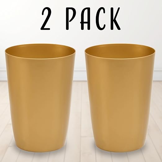 Mini Waste Basket - Pack of 2 Durable Small Plastic Garbage Trash Can Bin - Lidless Open-Top Rectangular Slim Profile for Compact Spaces - Suitable for Home, Bathroom, Office & More, Soft Brass
