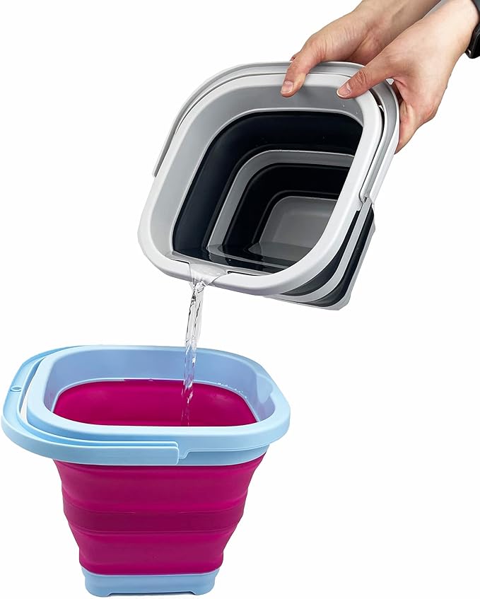 SAMMART Collapsible Rectangular Cleaning Bucket 5L (1.3 Gallon)- Foldable Camping Beach Sand Water Pot Pail- Portable Space Saving Tub for Household, Outdoor Car Washing (Cool Blue/Flamingo)