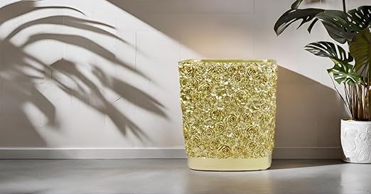 Hymmah Bathroom Trash Can 1.8 Gallon(7 Liter) Small Kitchen Garbage Can,Decor Wastebasket for Bedroom Office,Resin Hand-Carved Rose Flower Gold