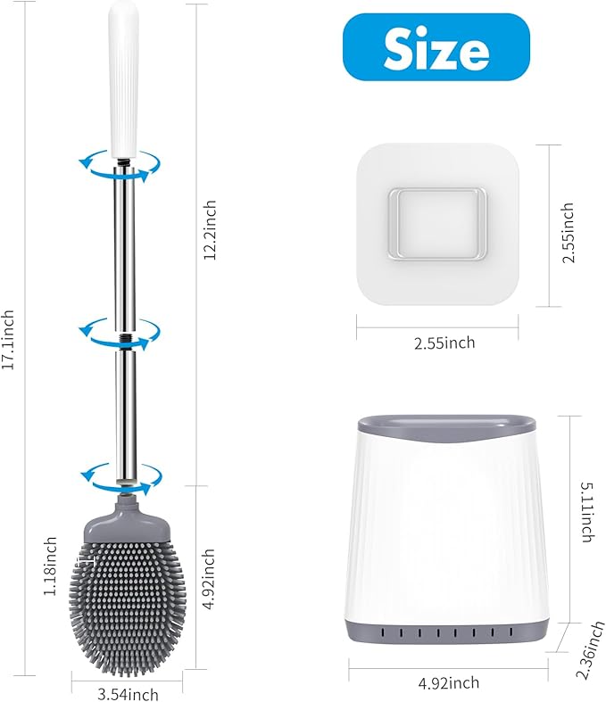 Toilet Brush, 2 Pack Silicone Toilet Brush and Holder, Flexible Toilet Bowl Brush Head with Ventilated Holder, Wall Mounted Compact Toilet Scrubber Set for Bathroom Cleaning (White)