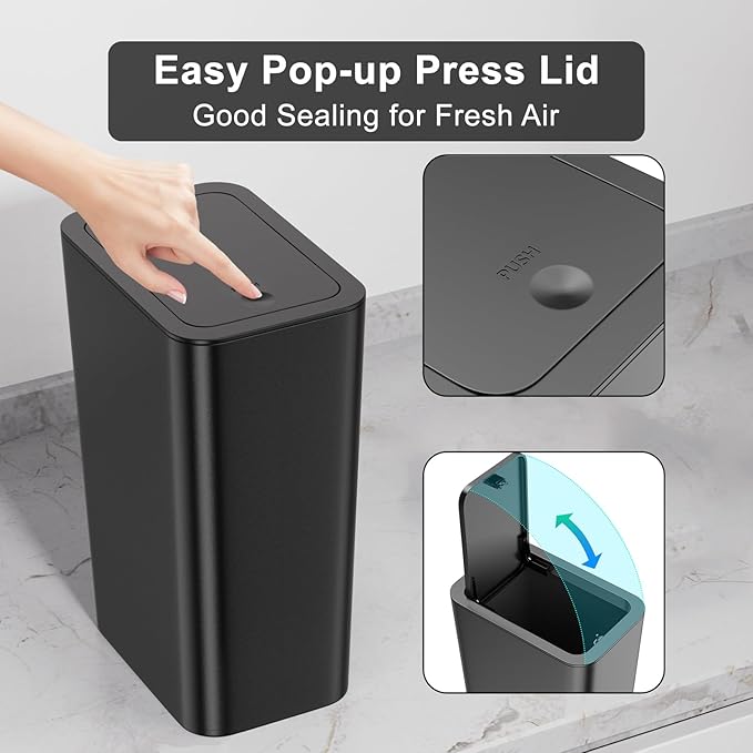 N. NETDOT 3 Pack 10L/2.6 Gal Bathroom Trash Can with Lid, Trash Bin with Press Lid, Small Trash Can/Slim Garbage Cans/Waste Basket for Bathroom,Kitchen,Office,Bedroom - Black,Gray,Off White