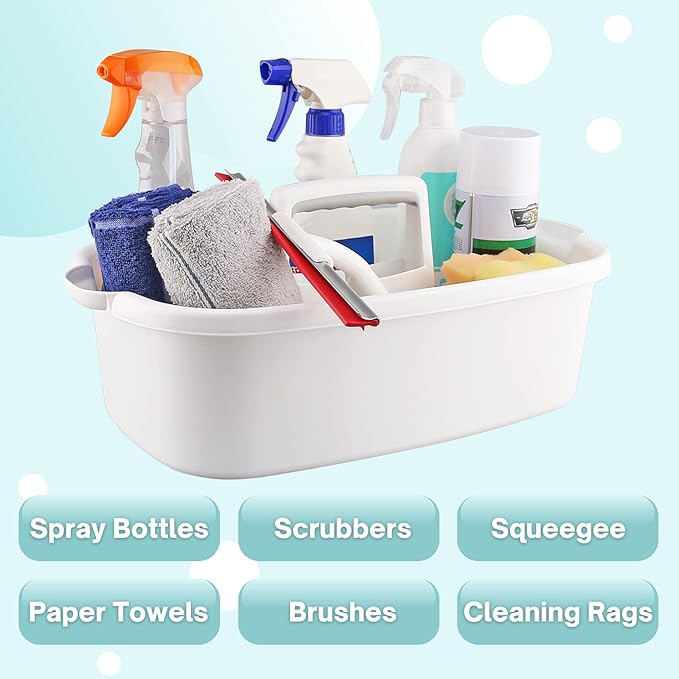 Cleaning Supplies Caddy, Household Tool Organizer with Handle, Portable Plastic Bucket for Shower Essentials Storage, White