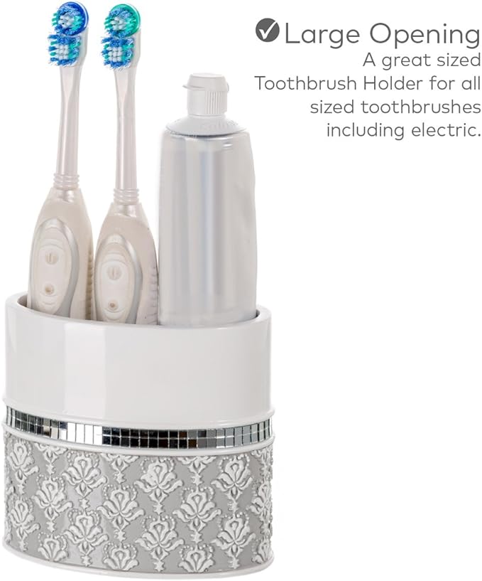 Creative Scents Mirror Damask White and Gray Bathroom Accessories Set - 6 Piece Bathroom Accessory Set Includes: Trash Can, Tissue Box Cover, Soap Dispenser, Soap Dish, Toothbrush Holder & Tumbler