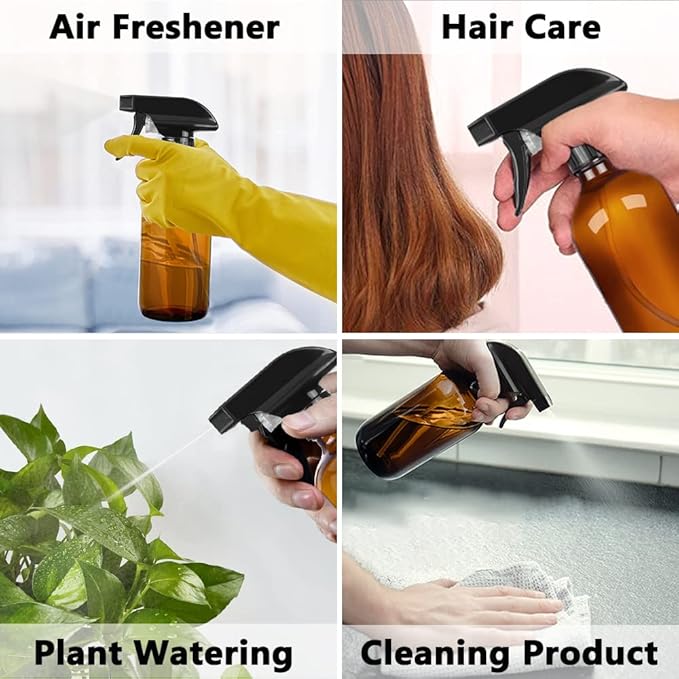 PrettyCare 3 pcs 8 Oz Amber Glass Spray Bottles, Refillable Empty Spray Bottles with Adjustable Nozzle & Lables for Cleaning, Leak-Proof Design for Essential Oils, Facial Hydration Hair Aromatherapy