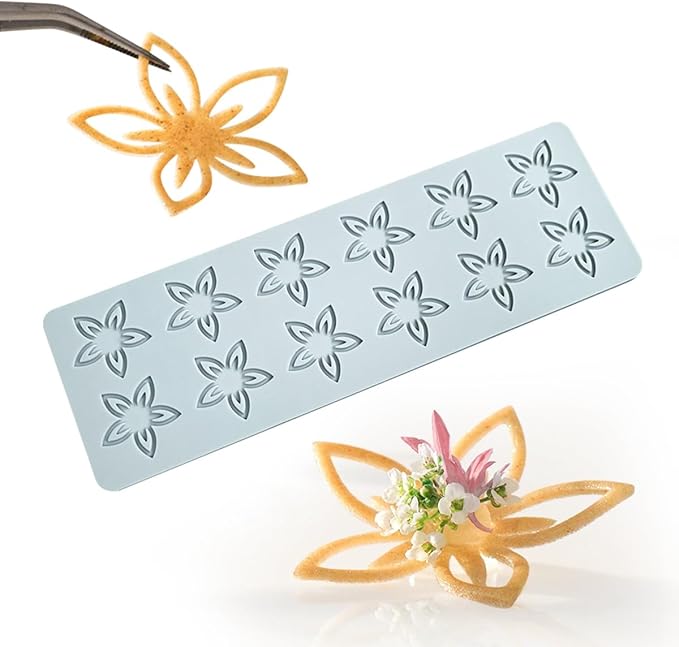TUKE Tuille Mold Flower Chocolate Silicone Mold 3D Hollow Fondant Mold Cake Topper Hollow Silicone Mold Candy Mold Lace Mat for Cake Decorating Chocolate Fondant Tuille (Flower J_9.84x3.2x0.12inch)