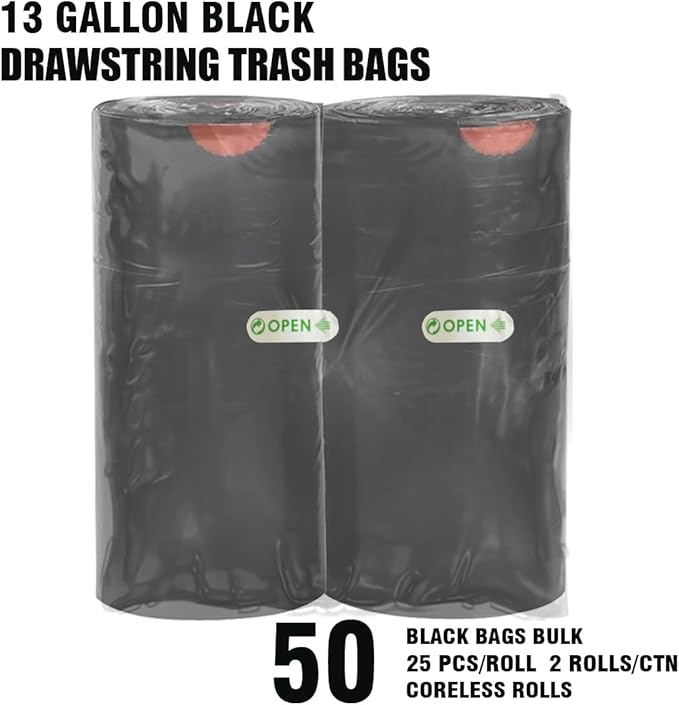 13 Gallon Trash Bags Drawstring, 50 Count Bulk, Black & Unscented Garbage Bags, Multi-purpose Tall Kitchen Trash Bags Can Liners for Business Home Commercial and Industrial