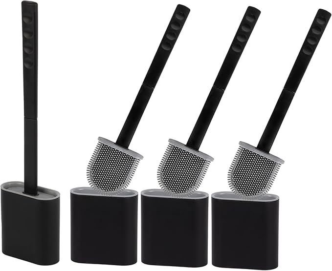 Toilet Brush Silicone and Holder Set – Pack of 4 Wall Mounted Toilet Brush Black – Long Non-Slip Handle, Flexible Bristles for Easy Cleaning – Modern Toilet Scrubber Brush