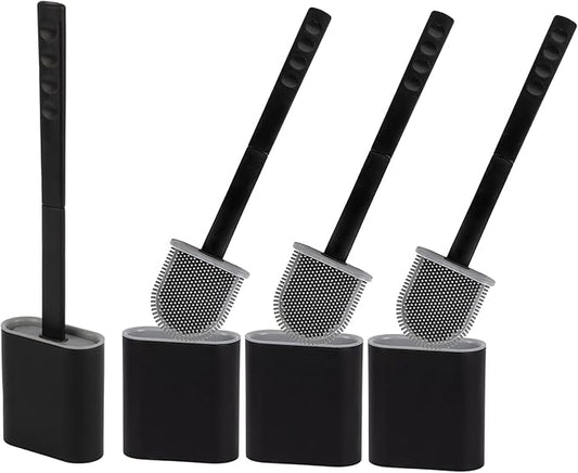 Toilet Brush Silicone and Holder Set – Pack of 4 Wall Mounted Toilet Brush Black – Long Non-Slip Handle, Flexible Bristles for Easy Cleaning – Modern Toilet Scrubber Brush