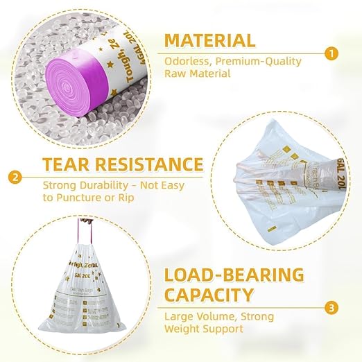 OKKEAI 4 Gallon Small Tear-Free Drawstring Trash Bags, White Bathroom Garbage Bags 60 Count – Heavy Duty Leak-Proof Wastebasket Liners with Safety Warning for Bathroom, Kitchen, Bedroom, Office