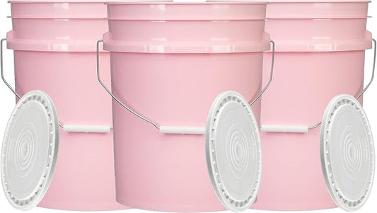 House Naturals 5 Gallon Pink Food Grade Plastic Storage Bucket with Lid Cover (Pack of 3) Made in USA (with White Easy Open Close Lids)
