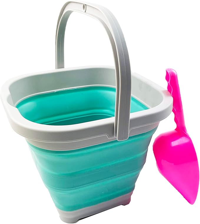 SAMMART Collapsible Rectangular Cleaning Bucket 5L (1.3 Gallon)- Foldable Camping Beach Sand Water Pot Pail- Portable Space Saving Tub for Household, Outdoor Car Washing (Pale Pink + Pine (Set of 2))