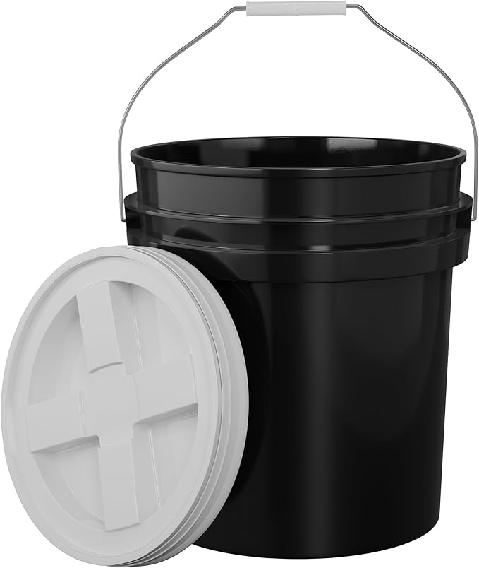 5-Gallon Black Bucket Pail with Gamma Seal Screw on Airtight Lid, Metal Handles with Plastic Grip for Easy Carrying, Easy Stack and Store, Heavy-Duty 90MIL Extra Durable, Food Grade, BPA Free - 1 Pack
