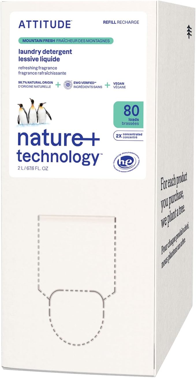 ATTITUDE Liquid Laundry Detergent Refill, EWG Verified, HE Compatible, Plant-Based & Vegan, Natural Laundry Soap, Mountain Fresh Scent, 80 Loads, 67.6 Fl Oz