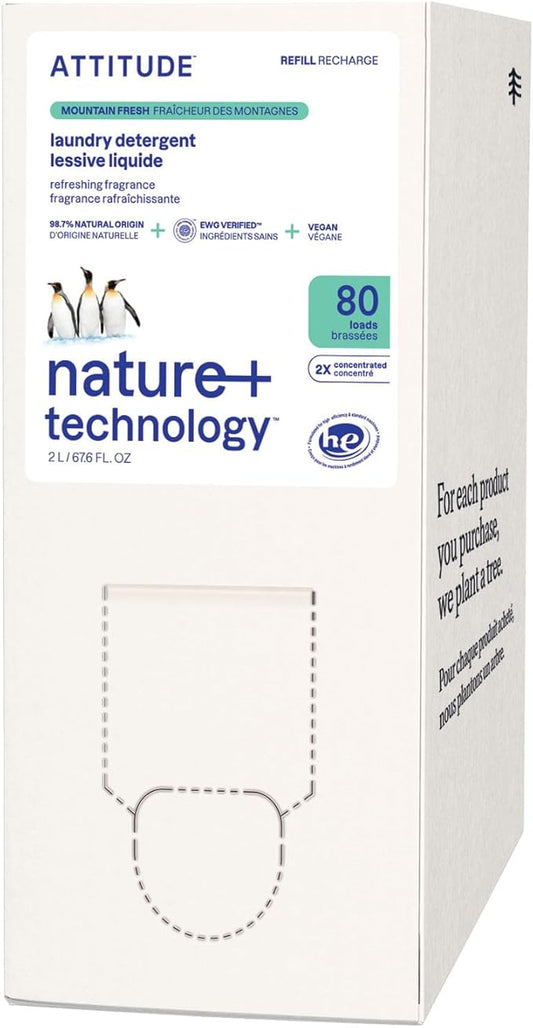 ATTITUDE Liquid Laundry Detergent Refill, EWG Verified, HE Compatible, Plant-Based & Vegan, Natural Laundry Soap, Mountain Fresh Scent, 80 Loads, 67.6 Fl Oz