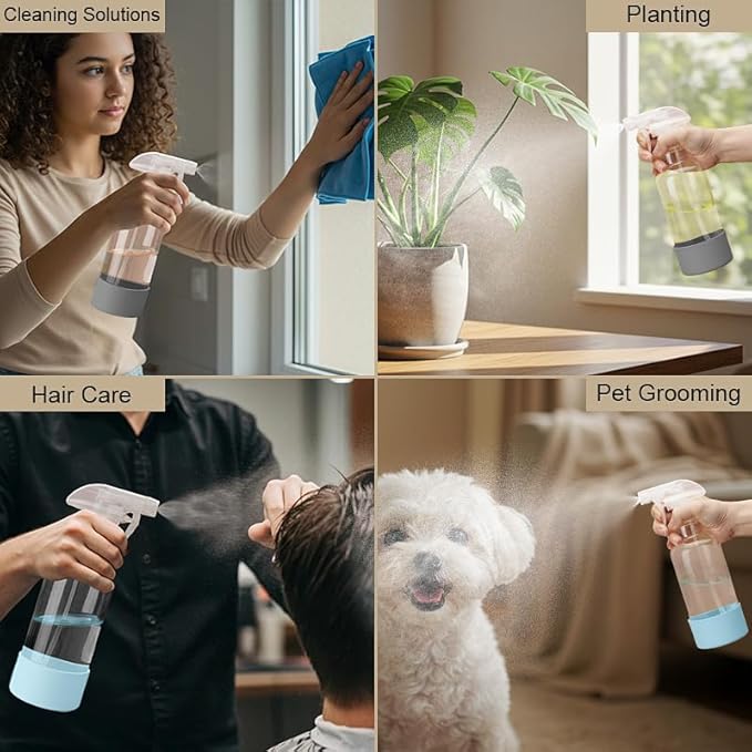 Glass Spray Bottles with Silicone Sleeve 16.9oz 2 Pack Empty Spray Bottle for Hair Mist/Stream Spraying for Cleaning Solutions, Plants, Essential Oils (clear-qblue&grey)