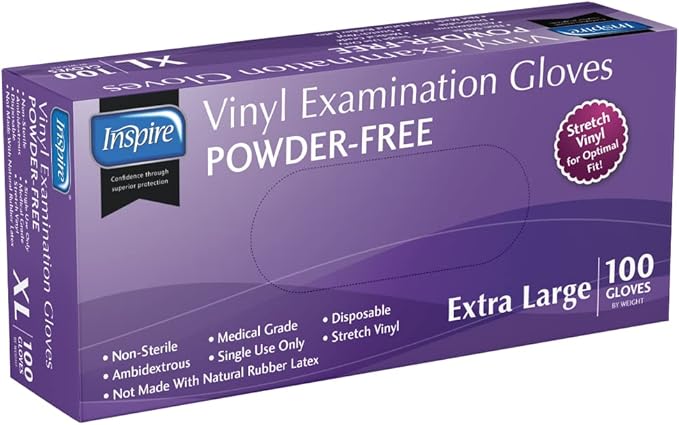 Inspire Exam Grade Powder & Latex Free Stretch Vinyl Gloves, Extra Large, 100 Count