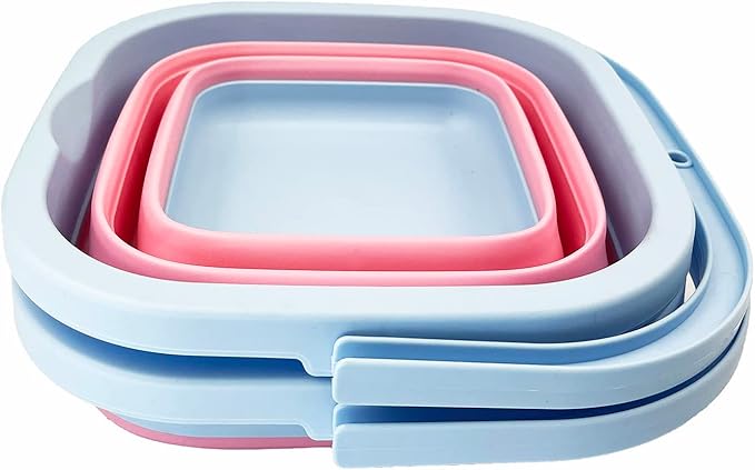 SAMMART Collapsible Rectangular Cleaning Bucket 5L (1.3 Gallon)- Foldable Camping Beach Sand Water Pot Pail- Portable Space Saving Tub for Household, Outdoor Washing (Cool Blue/Maglia Rosa (Set of 2))