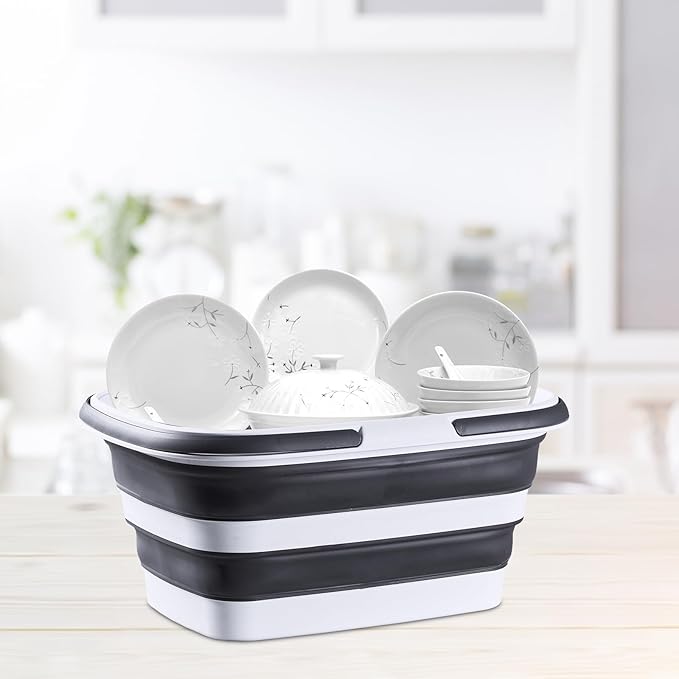 2.9 Gal(11 L) Collapsible Mop Bucket with Handle – Square Silicone Cleaning Bucket for Mopping, Car & Window Washing – Space-Saving Storage Organizer, Durable Plastic Bucket – Pair of Silicone Gloves