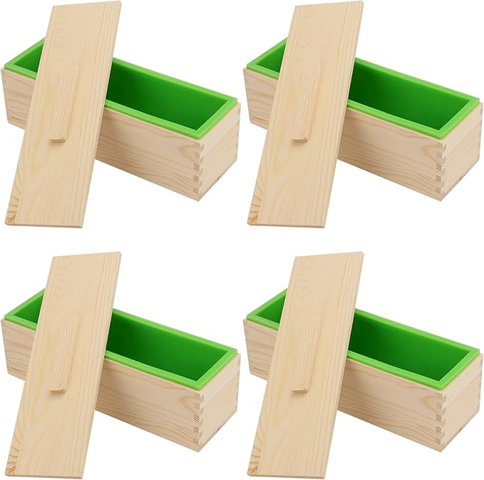 KEILEOHO 4 PCS 42oz Soap Molds Loaf with lid, Large Wooden Soaps Molds, Flexible Rectangular Silicone Soap Mold for Soaps, Cake, DIY, Green
