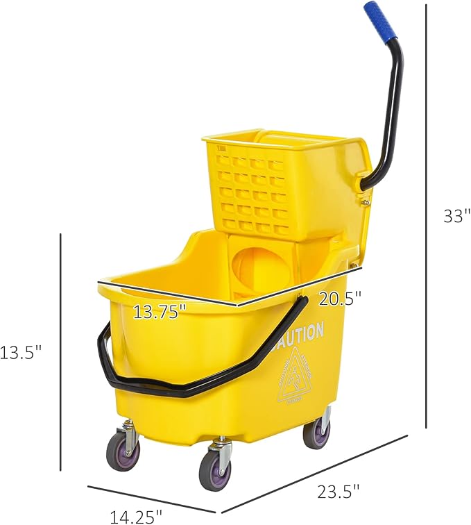HOMCOM Mop Bucket Cart with Side Press Wringer, Metal Handle and 34 Quart Capacity, Yellow