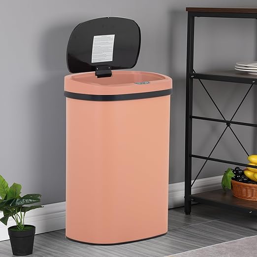 BestOffice | 13 Gallon Stainless Steel Trash Can with Lid | Pink | Automatic Touchless Garbage Can | Odor Control | Modern Oval Design | Easy to Clean | Fits Any Kitchen, Bathroom, Office or Home