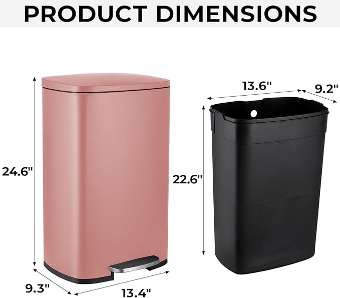 8 Gal Kitchen Trash Can, 30L Recycling or Garbage Bin, Brushed Stainless Steel Waste Basket, Soft&Quiet Close Dustbin, with Step-On Pedal, Removable Inner Bucket, for Home, Office, Living Room