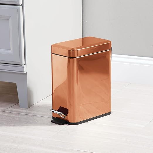 mDesign Small Modern 1.3 Gallon Rectangle Metal Lidded Step Trash Can, Compact Garbage Bin with Removable Liner Bucket and Handle for Bathroom, Kitchen, Craft Room, Office, Garage - Copper
